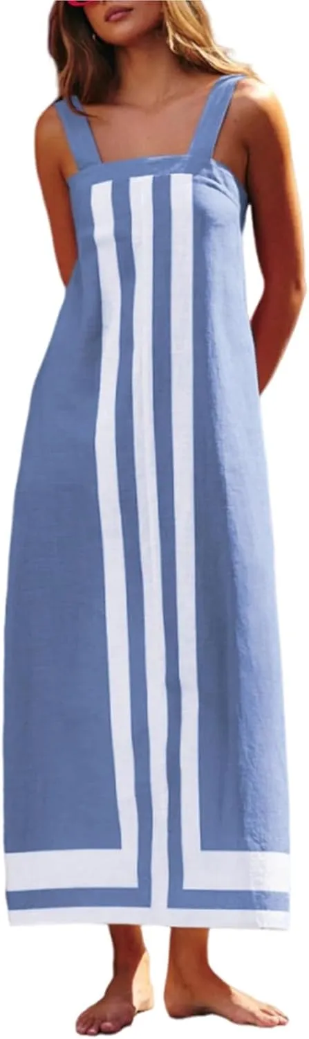 Summer Dresses for Women 2025 Bohemian Floral Dress Summer Casual Color Block Maxi Beach Overall Dress Coverups