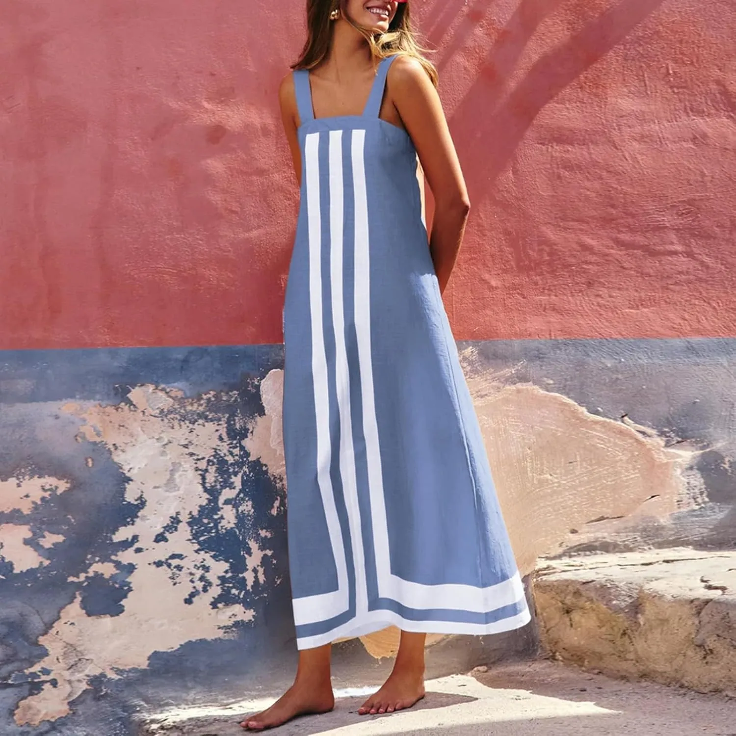 Summer Dresses for Women 2025 Bohemian Floral Dress Summer Casual Color Block Maxi Beach Overall Dress Coverups