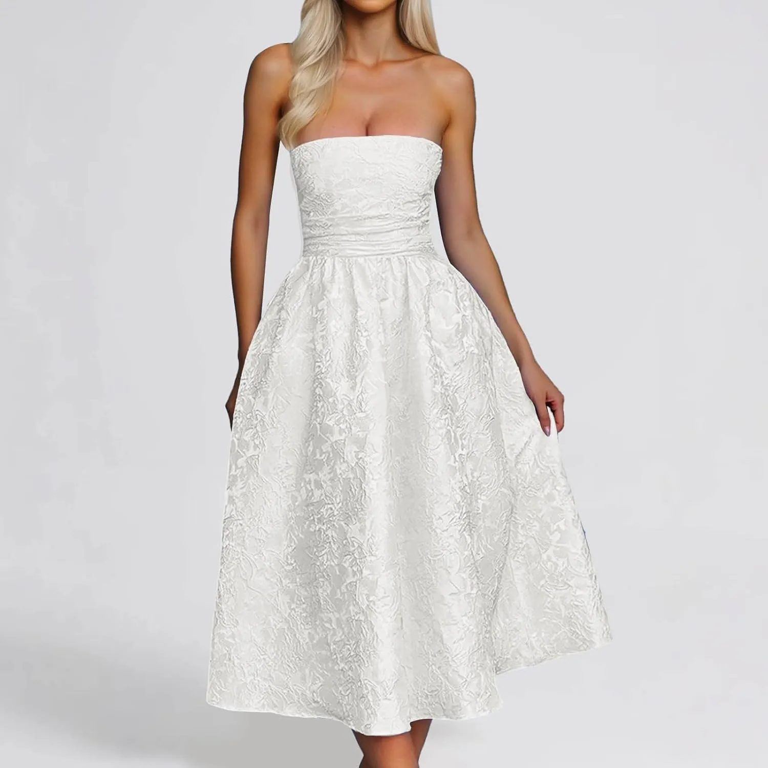 Summer Dresses for Women 2025 Summer Strapless Jacquard Floral Homecoming Dresses with Pocket Corset A Line Midi