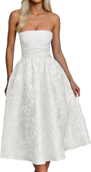 Summer Dresses for Women 2025 Summer Strapless Jacquard Floral Homecoming Dresses with Pocket Corset A Line Midi