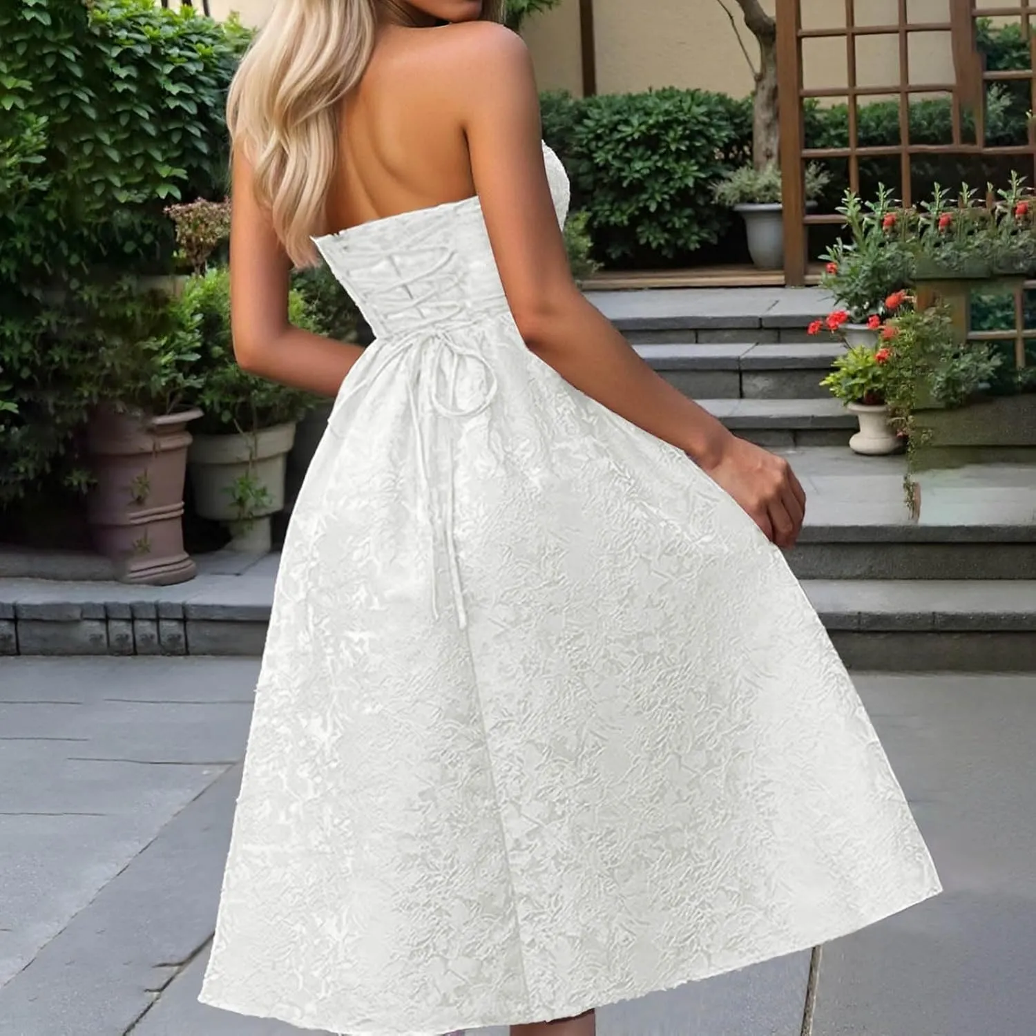 Summer Dresses for Women 2025 Summer Strapless Jacquard Floral Homecoming Dresses with Pocket Corset A Line Midi