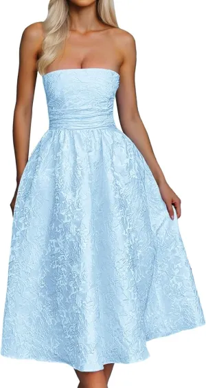 Summer Dresses for Women 2025 Summer Strapless Jacquard Floral Homecoming Dresses with Pocket Corset A Line Midi