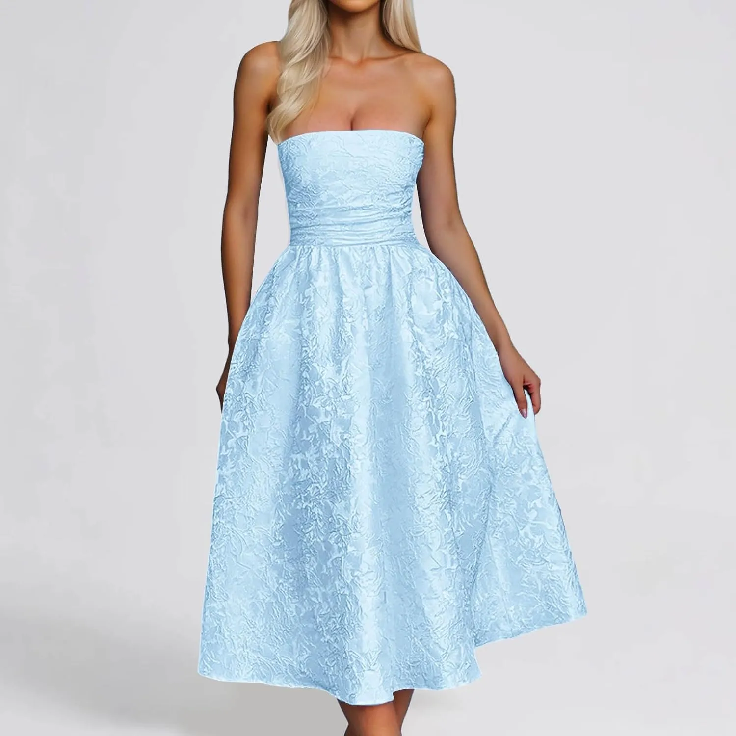 Summer Dresses for Women 2025 Summer Strapless Jacquard Floral Homecoming Dresses with Pocket Corset A Line Midi