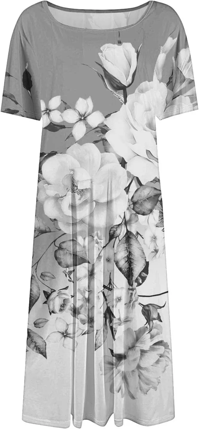 Summer Dresses for Women 2025 Trendy Casual Loose Summer Short Sleeve Beach Dress with Pockets Floral Short Sleeve