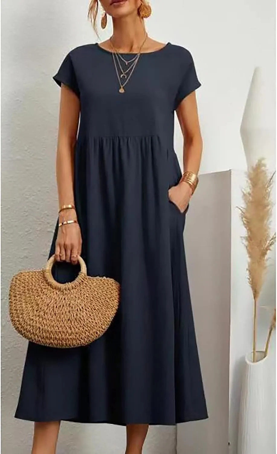 Summer Dresses for Women 2025 Women's Summer Trendy Short Sleeve Crewneck Maxi Dress Casual Solid Loose Beach Dress