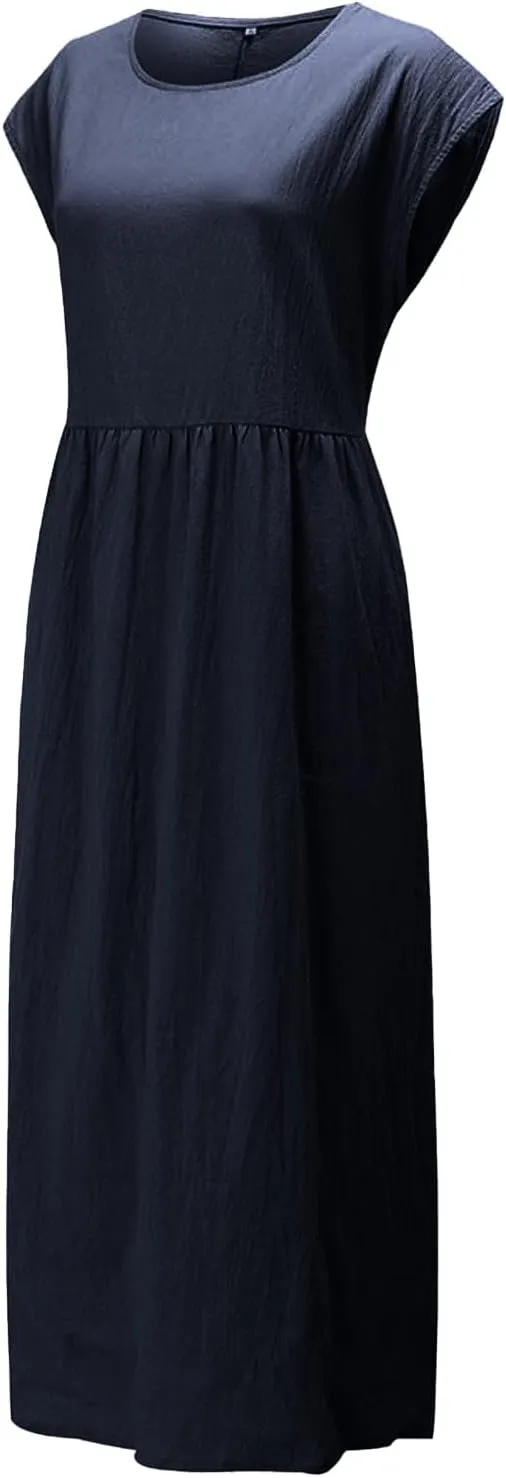 Summer Dresses for Women 2025 Women's Summer Trendy Short Sleeve Crewneck Maxi Dress Casual Solid Loose Beach Dress