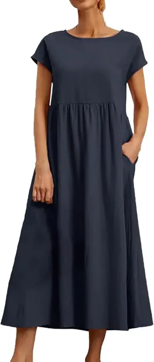 Summer Dresses for Women 2025 Women's Summer Trendy Short Sleeve Crewneck Maxi Dress Casual Solid Loose Beach Dress