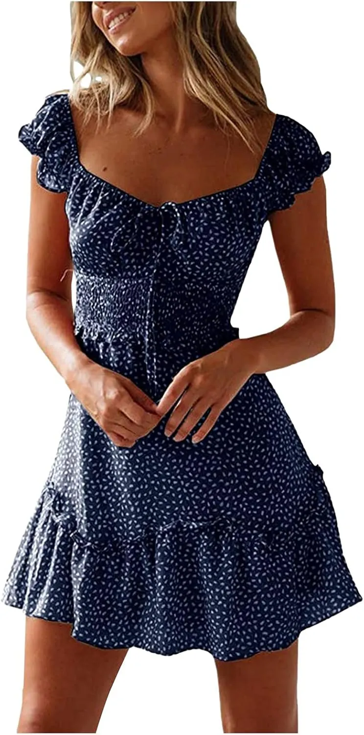 Summer Dresses for Women 2025,Mini Summer Dresses Vacation Boho Beach Ruffle Sleeve Sweetheart Neckline Printing Dress