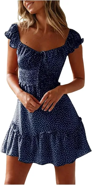 Summer Dresses for Women 2025,Mini Summer Dresses Vacation Boho Beach Ruffle Sleeve Sweetheart Neckline Printing Dress