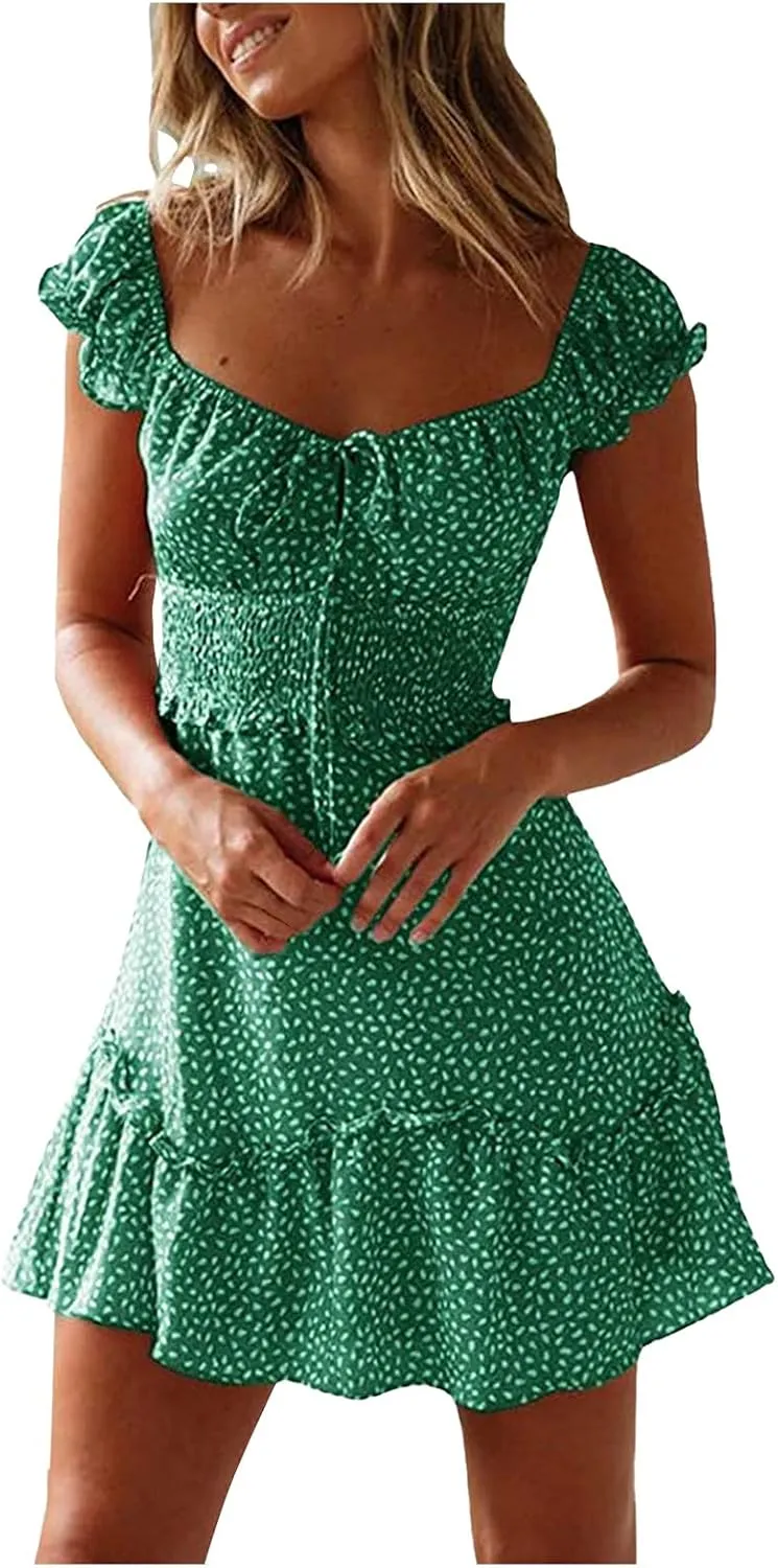 Summer Dresses for Women 2025,Mini Summer Dresses Vacation Boho Beach Ruffle Sleeve Sweetheart Neckline Printing Dress