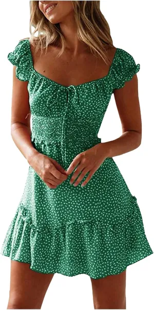 Summer Dresses for Women 2025,Mini Summer Dresses Vacation Boho Beach Ruffle Sleeve Sweetheart Neckline Printing Dress