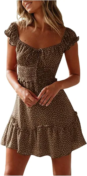 Summer Dresses for Women 2025,Mini Summer Dresses Vacation Boho Beach Ruffle Sleeve Sweetheart Neckline Printing Dress