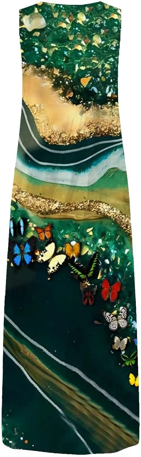 Summer Dresses for Women 2025,Women's Elegant Summer Casual Sleeveless Print Dresses V Neck Maxi Loose Beach Dress
