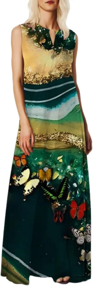 Summer Dresses for Women 2025,Women's Elegant Summer Casual Sleeveless Print Dresses V Neck Maxi Loose Beach Dress
