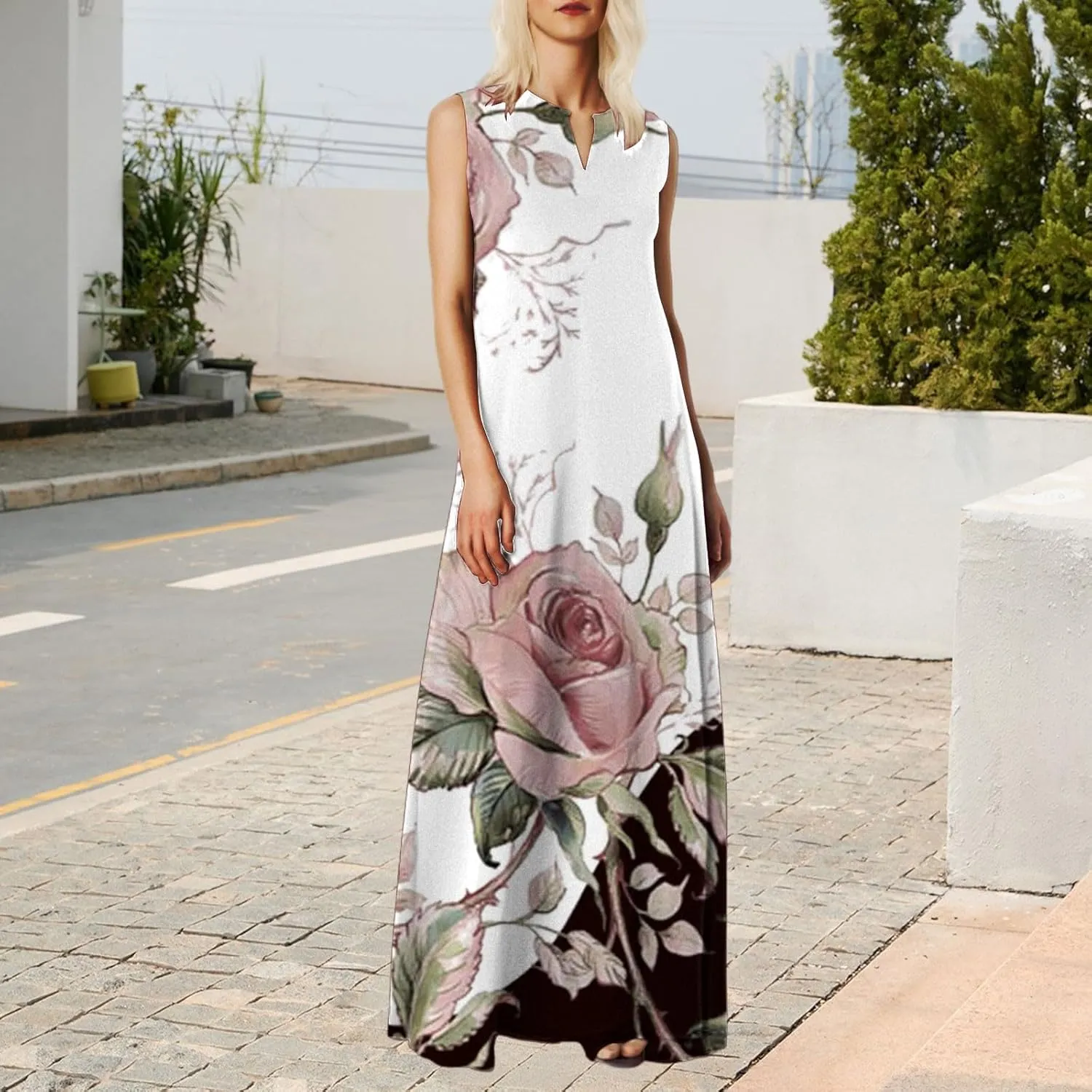 Summer Dresses for Women 2025,Women's Elegant Summer Casual Sleeveless Print Dresses V Neck Maxi Loose Beach Dress
