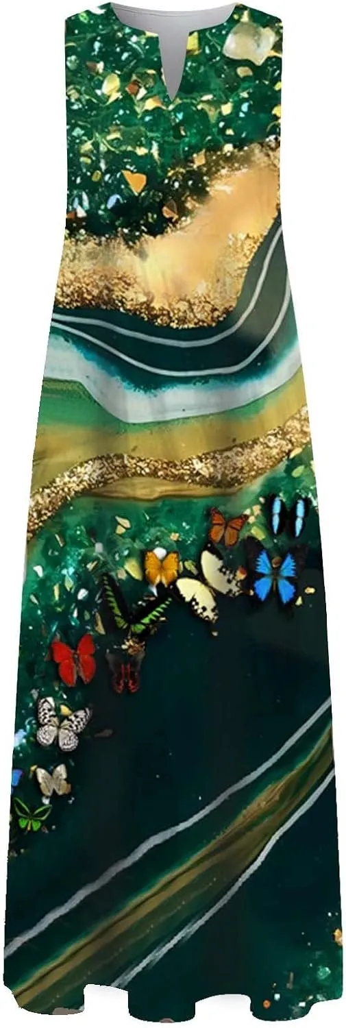 Summer Dresses for Women 2025,Women's Elegant Summer Casual Sleeveless Print Dresses V Neck Maxi Loose Beach Dress
