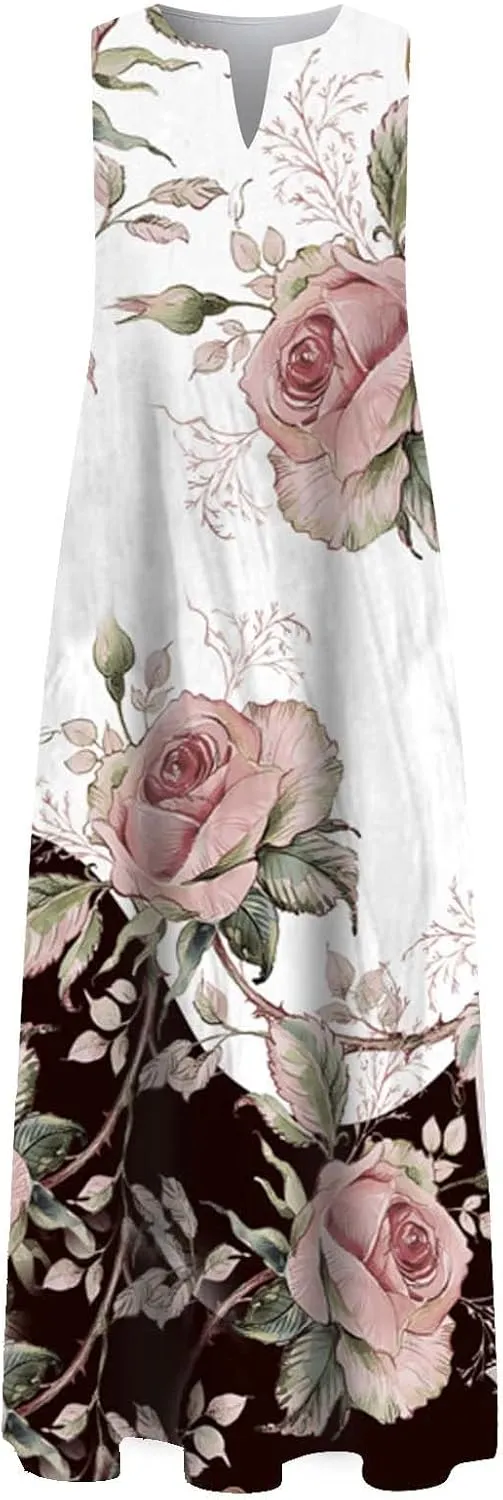 Summer Dresses for Women 2025,Women's Elegant Summer Casual Sleeveless Print Dresses V Neck Maxi Loose Beach Dress