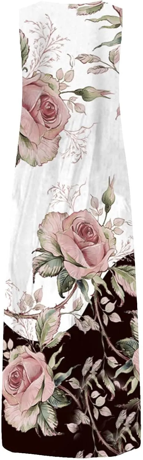 Summer Dresses for Women 2025,Women's Elegant Summer Casual Sleeveless Print Dresses V Neck Maxi Loose Beach Dress