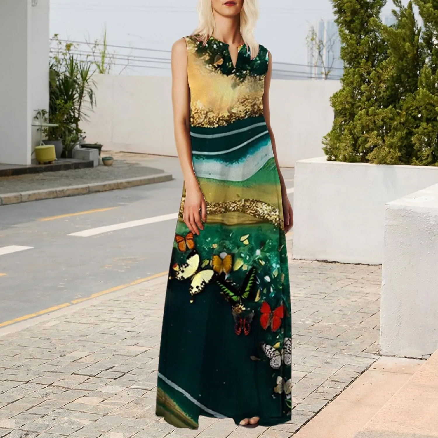 Summer Dresses for Women 2025,Women's Elegant Summer Casual Sleeveless Print Dresses V Neck Maxi Loose Beach Dress