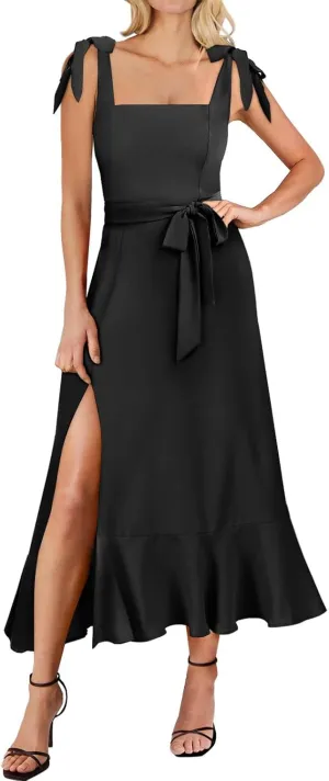 Summer Dresses for Women Square Neck Ruffle Split Dress Bow Strap Wedding Guest Dress Formal Cocktail Party Dresses