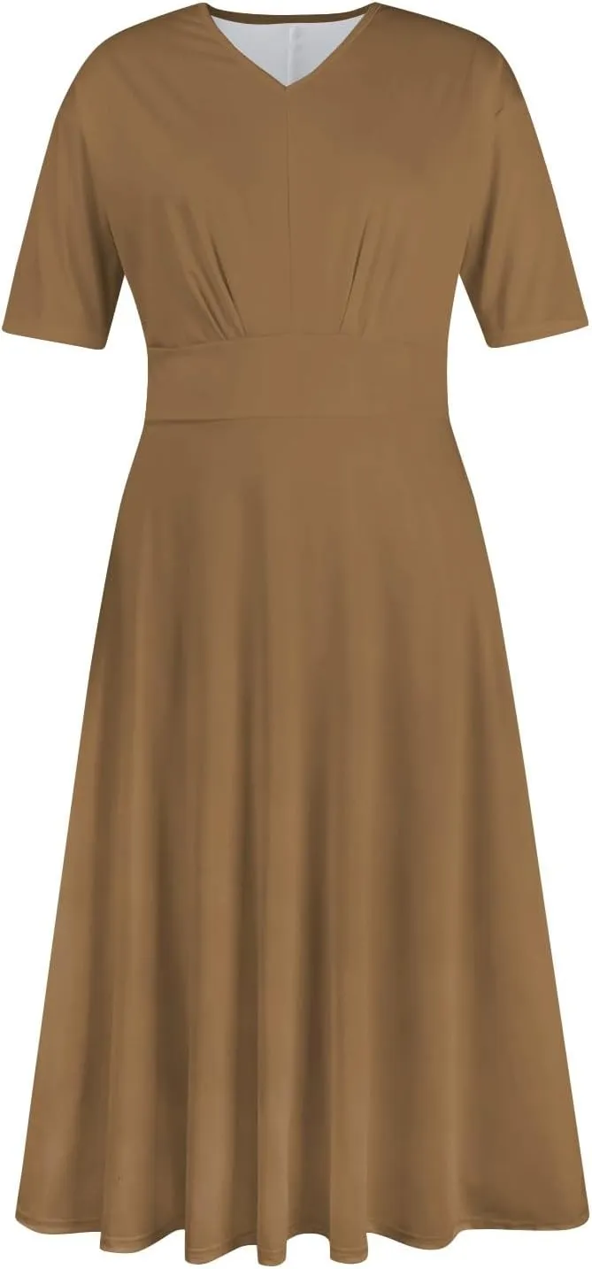 Summer Dresses for Women Summer Beach V Neck Short Sleeve Dress Solid Color Aline Tshirt Dress Casual Flowy Midi Dresses