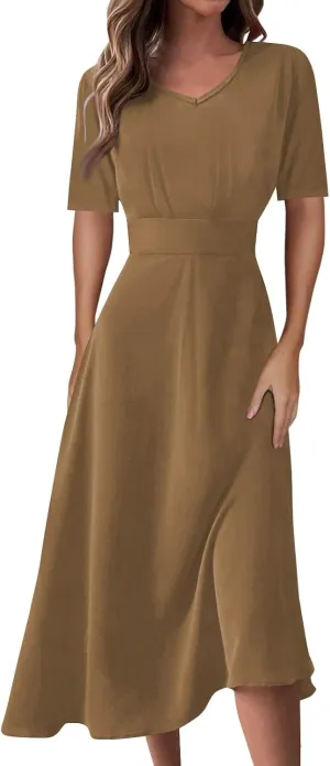 Summer Dresses for Women Summer Beach V Neck Short Sleeve Dress Solid Color Aline Tshirt Dress Casual Flowy Midi Dresses