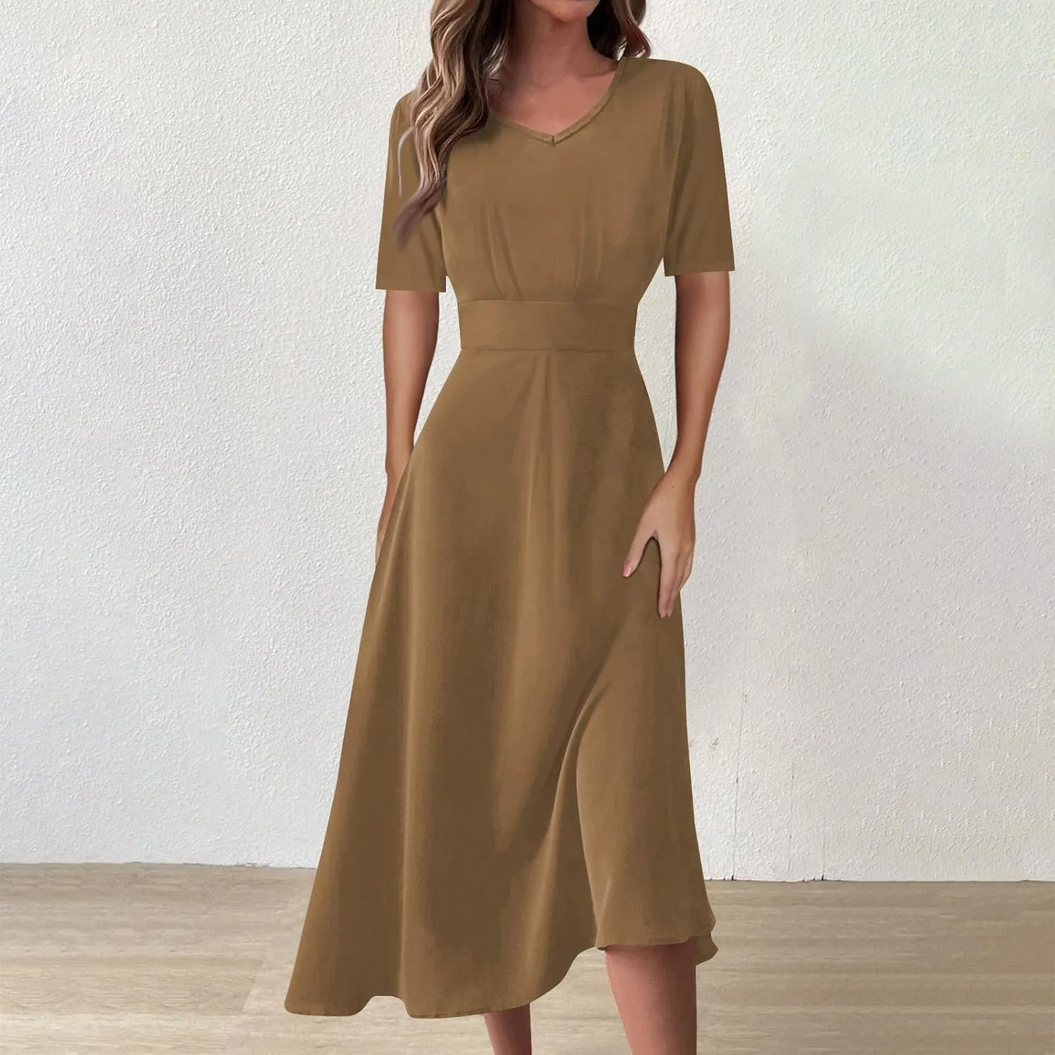 Summer Dresses for Women Summer Beach V Neck Short Sleeve Dress Solid Color Aline Tshirt Dress Casual Flowy Midi Dresses