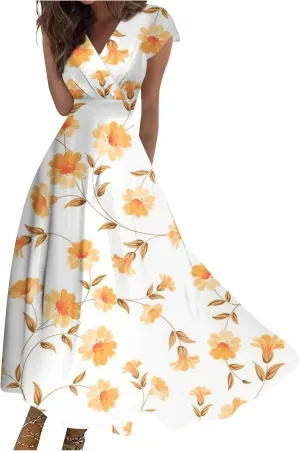 Summer Dresses Women Short Sleeve Maxi Dress Summer Fitted Tight Vintage Floral Print