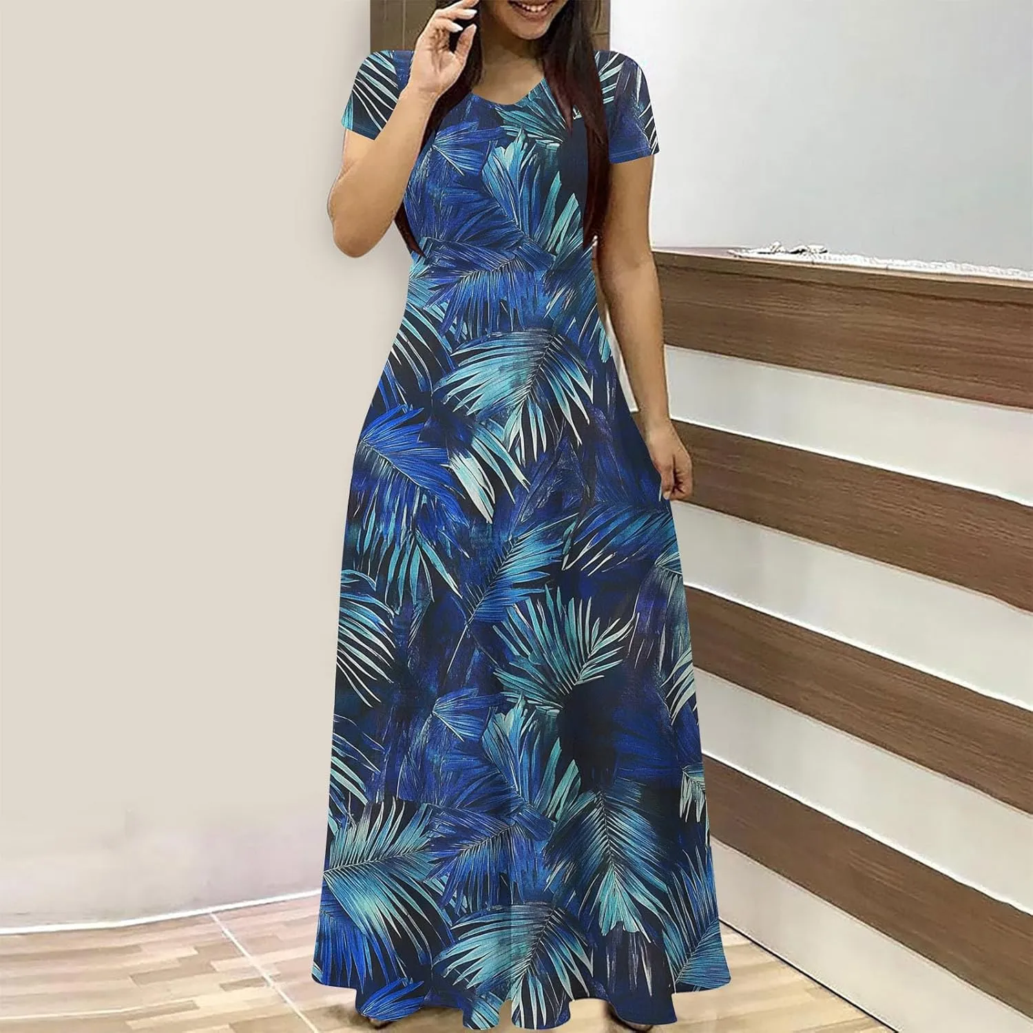 Summer Long Dresses for Women Floral Flowy A-Line Maxi Dress Casual Short Sleeve Hawaiian Boho Beach Sundress