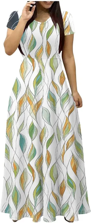 Summer Long Dresses for Women Floral Flowy A-Line Maxi Dress Casual Short Sleeve Hawaiian Boho Beach Sundress