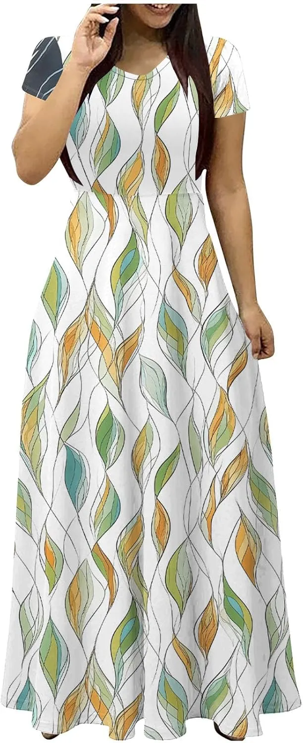 Summer Long Dresses for Women Floral Flowy A-Line Maxi Dress Casual Short Sleeve Hawaiian Boho Beach Sundress