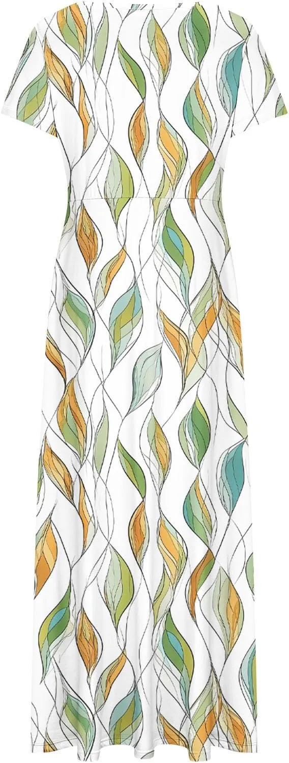 Summer Long Dresses for Women Floral Flowy A-Line Maxi Dress Casual Short Sleeve Hawaiian Boho Beach Sundress