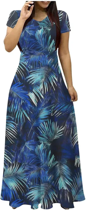 Summer Long Dresses for Women Floral Flowy A-Line Maxi Dress Casual Short Sleeve Hawaiian Boho Beach Sundress