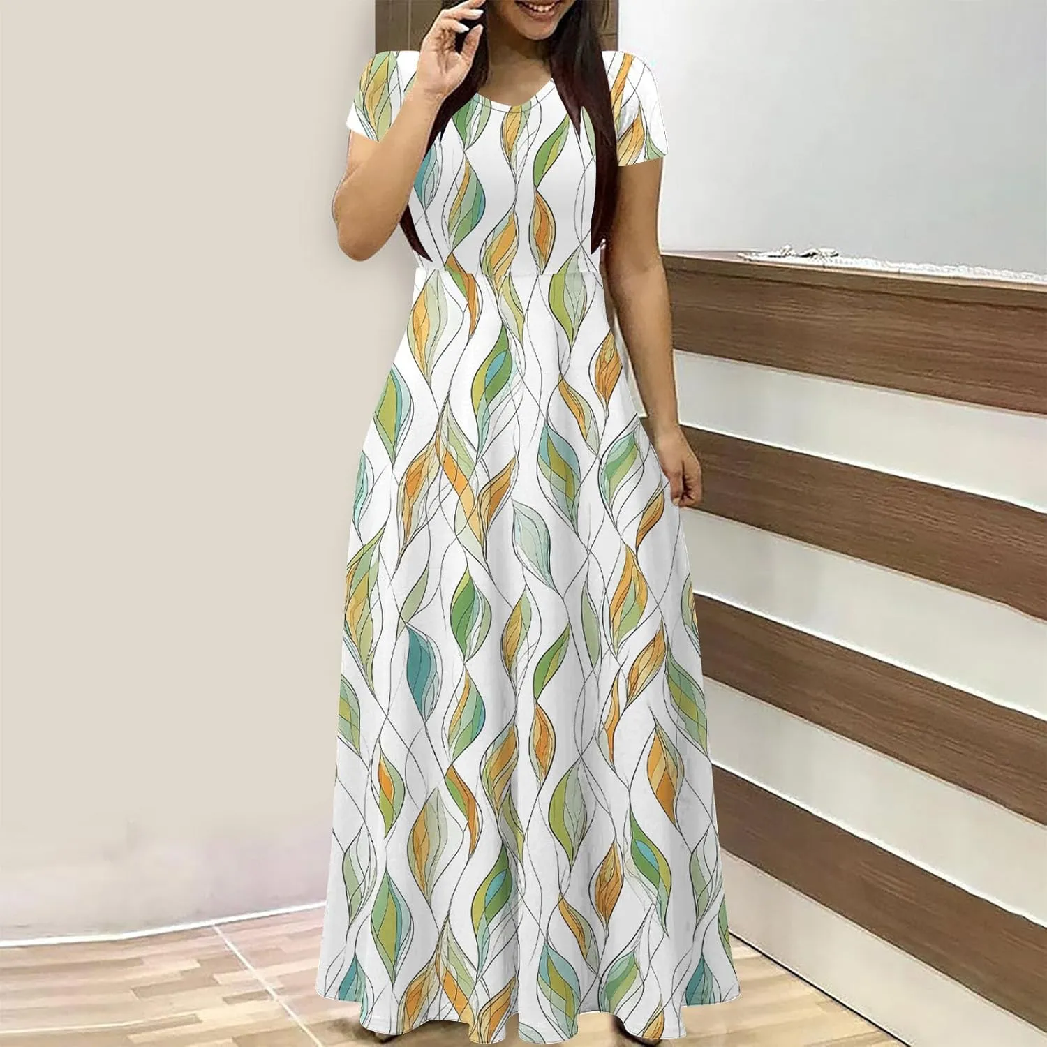 Summer Long Dresses for Women Floral Flowy A-Line Maxi Dress Casual Short Sleeve Hawaiian Boho Beach Sundress