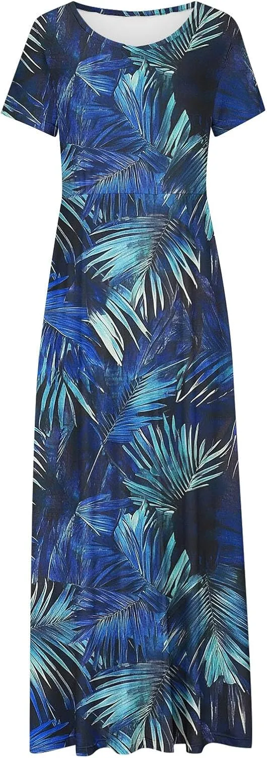 Summer Long Dresses for Women Floral Flowy A-Line Maxi Dress Casual Short Sleeve Hawaiian Boho Beach Sundress