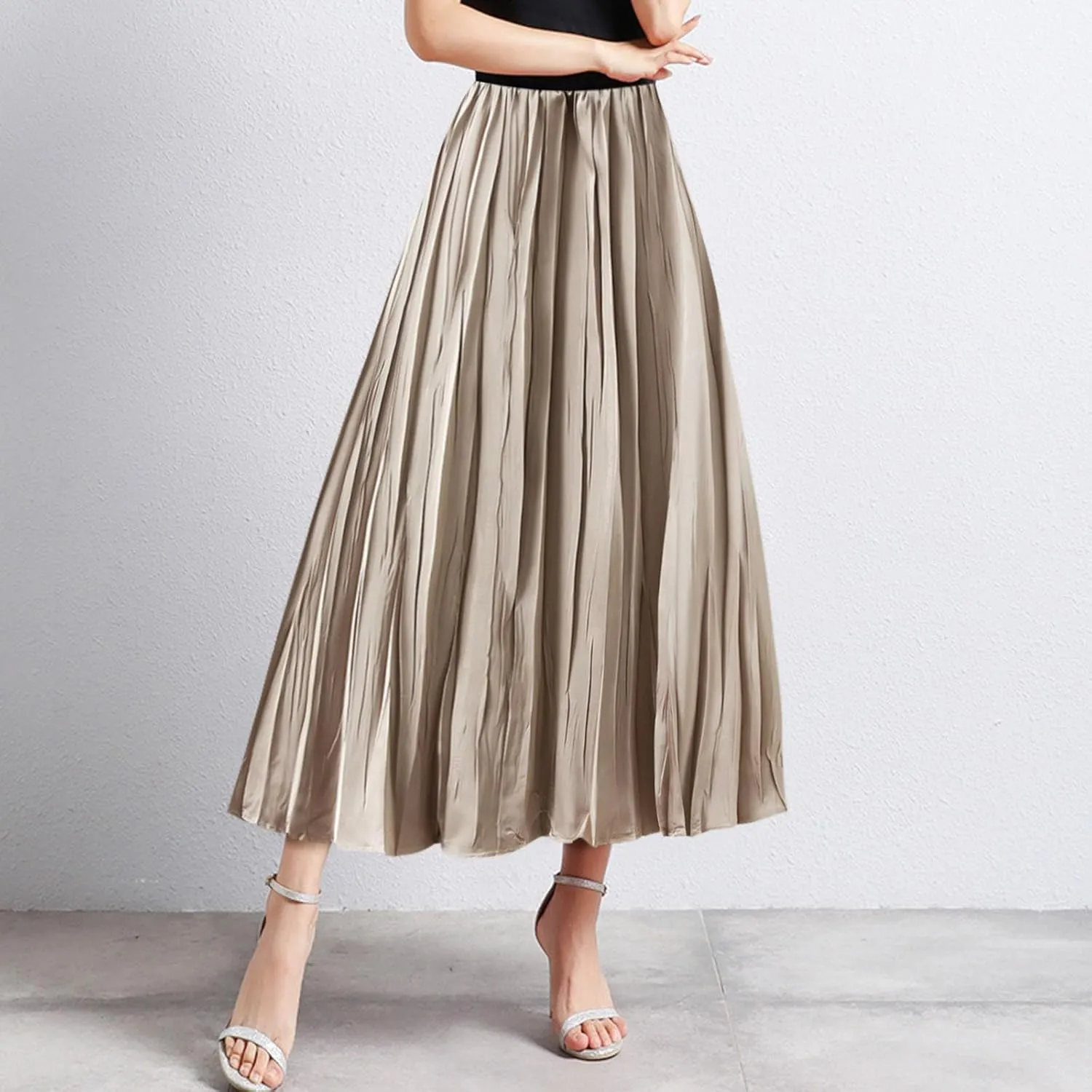 Summer Pleated Midi Skirts for Women Casual High Waisted Solid Color Flowy A Line Swing Long Skirt