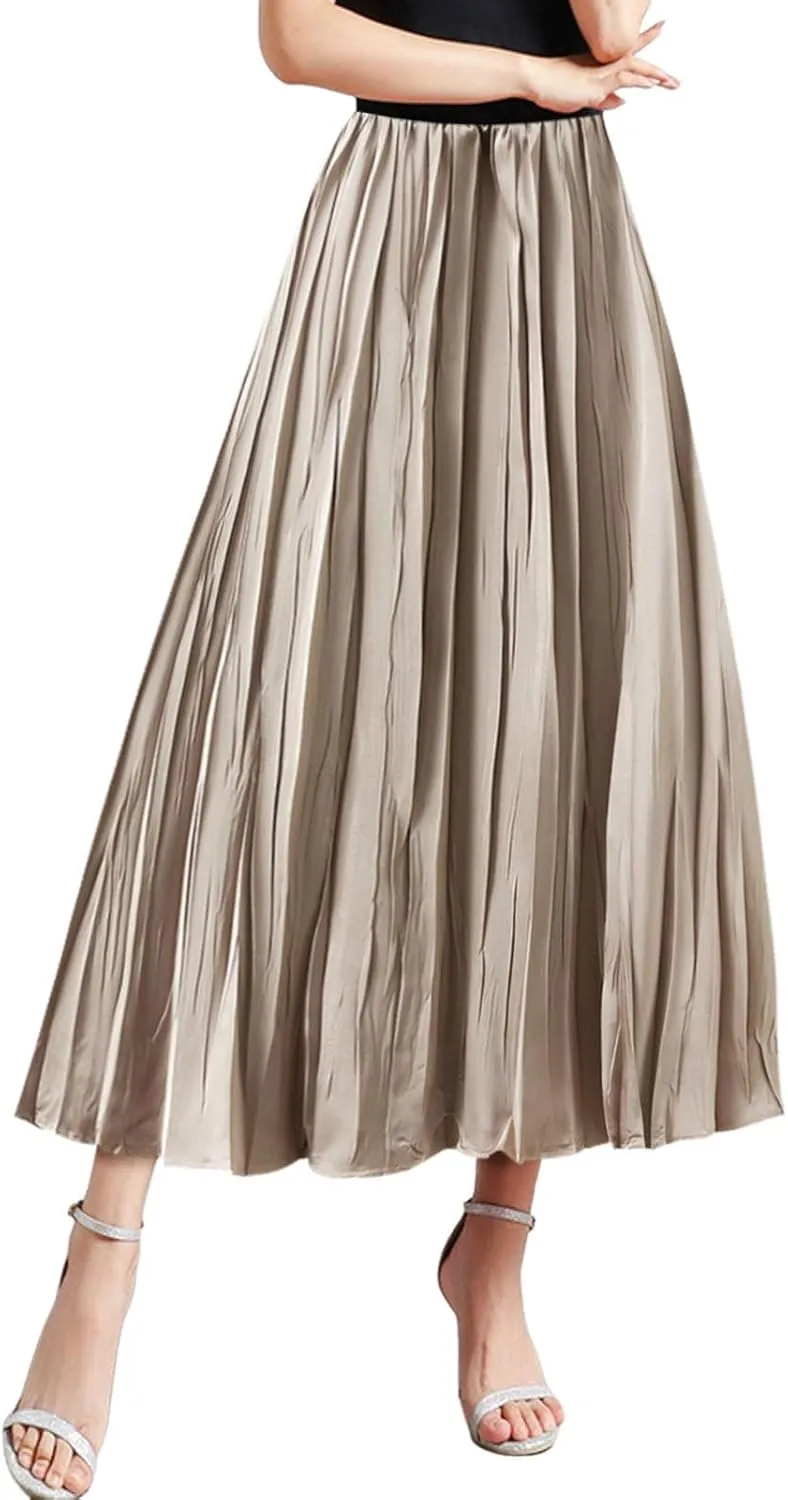 Summer Pleated Midi Skirts for Women Casual High Waisted Solid Color Flowy A Line Swing Long Skirt