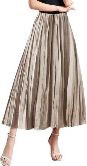 Summer Pleated Midi Skirts for Women Casual High Waisted Solid Color Flowy A Line Swing Long Skirt