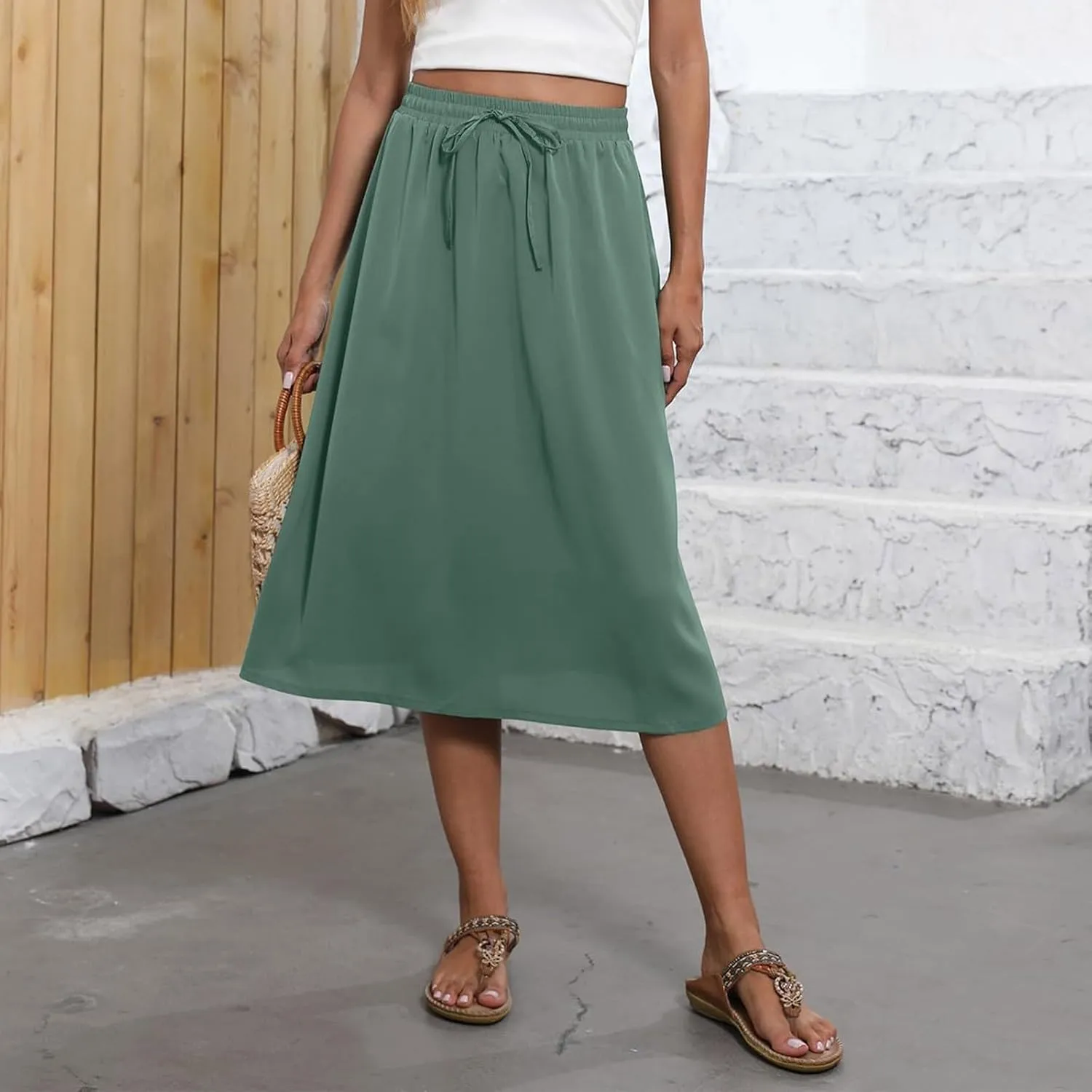 Summer Skirts for Women 2025 Elastic High Waisted Floral Midi Skirt Baggy Boho Beach Flowy Swing Skirts with Pockets