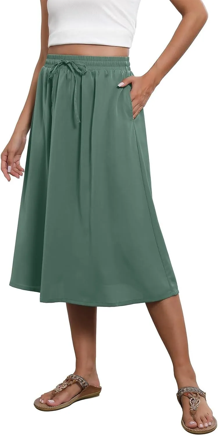Summer Skirts for Women 2025 Elastic High Waisted Floral Midi Skirt Baggy Boho Beach Flowy Swing Skirts with Pockets