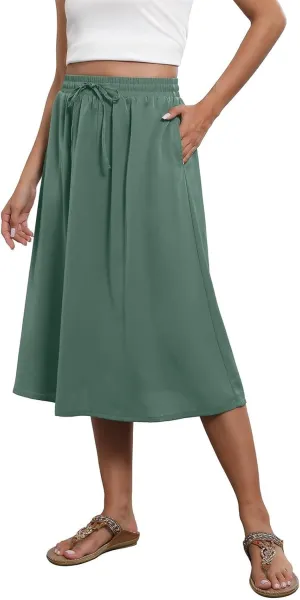 Summer Skirts for Women 2025 Elastic High Waisted Floral Midi Skirt Baggy Boho Beach Flowy Swing Skirts with Pockets