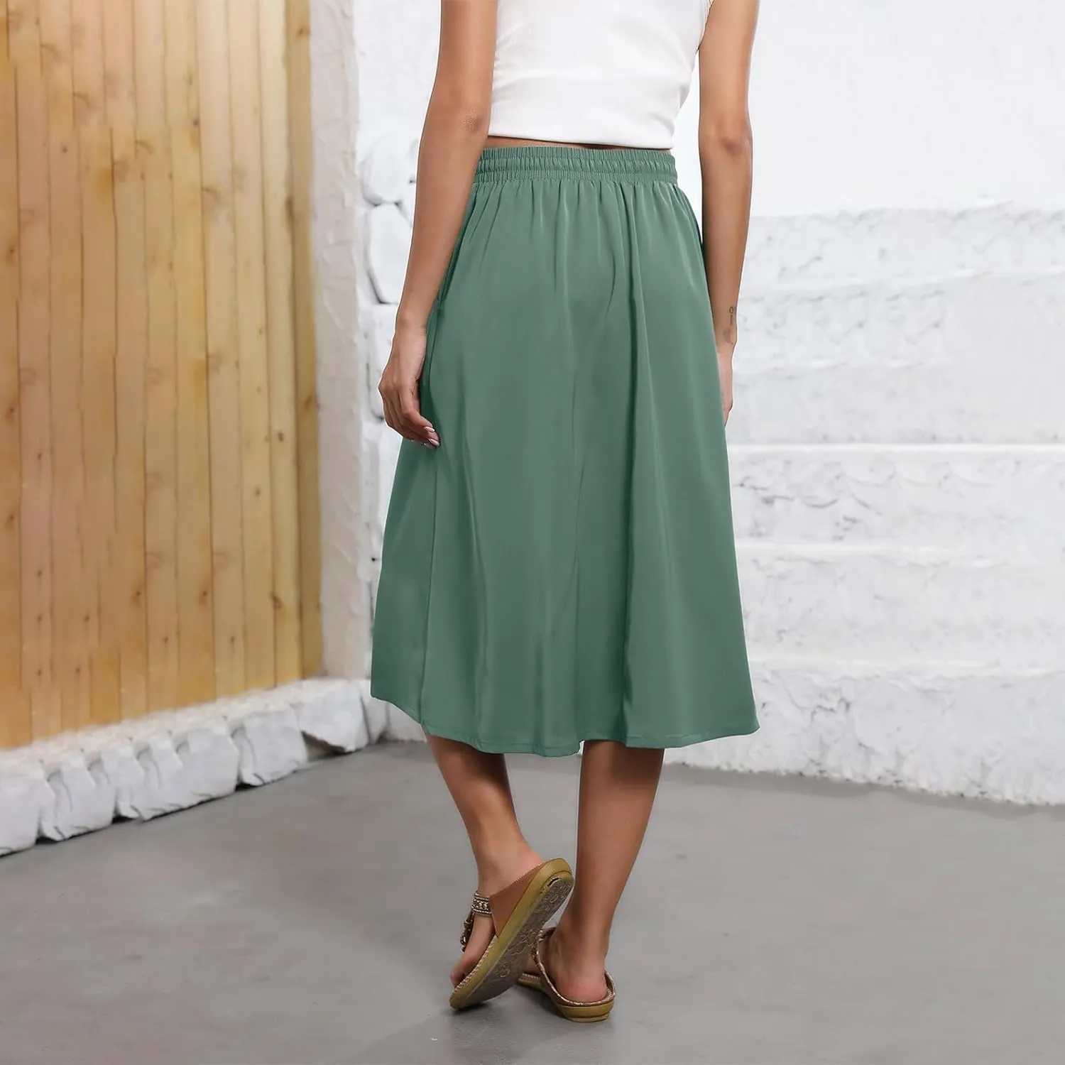 Summer Skirts for Women 2025 Elastic High Waisted Floral Midi Skirt Baggy Boho Beach Flowy Swing Skirts with Pockets