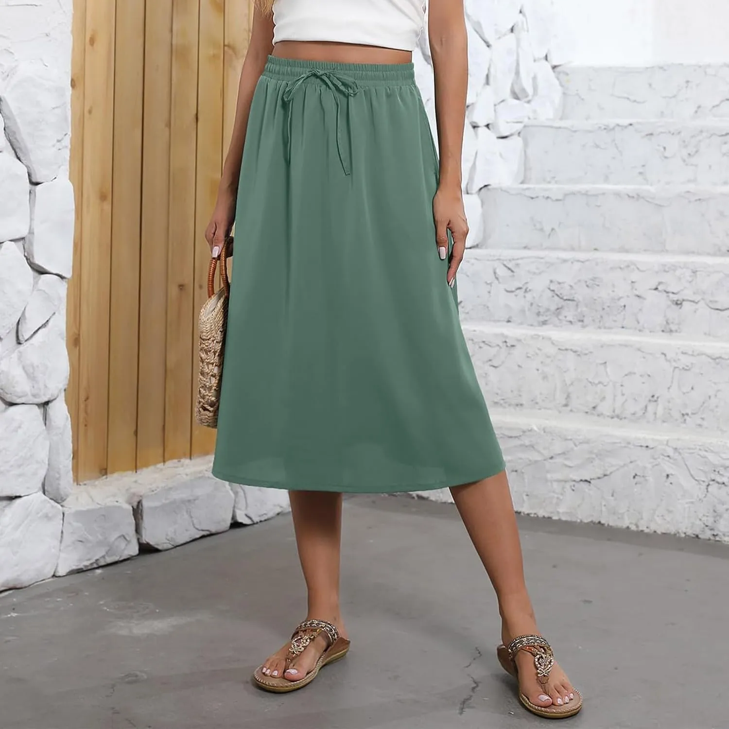 Summer Skirts for Women 2025 Elastic High Waisted Floral Midi Skirt Baggy Boho Beach Flowy Swing Skirts with Pockets