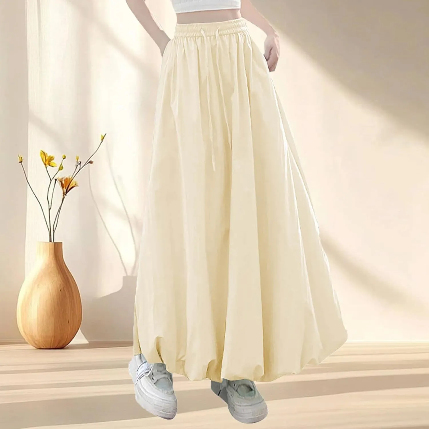 Summer Skirts for Women Summer A Line Flowy Ruffle Lantern Skirt Drawtring Waist Elastic Bubble Maxi Long Skirt 2025