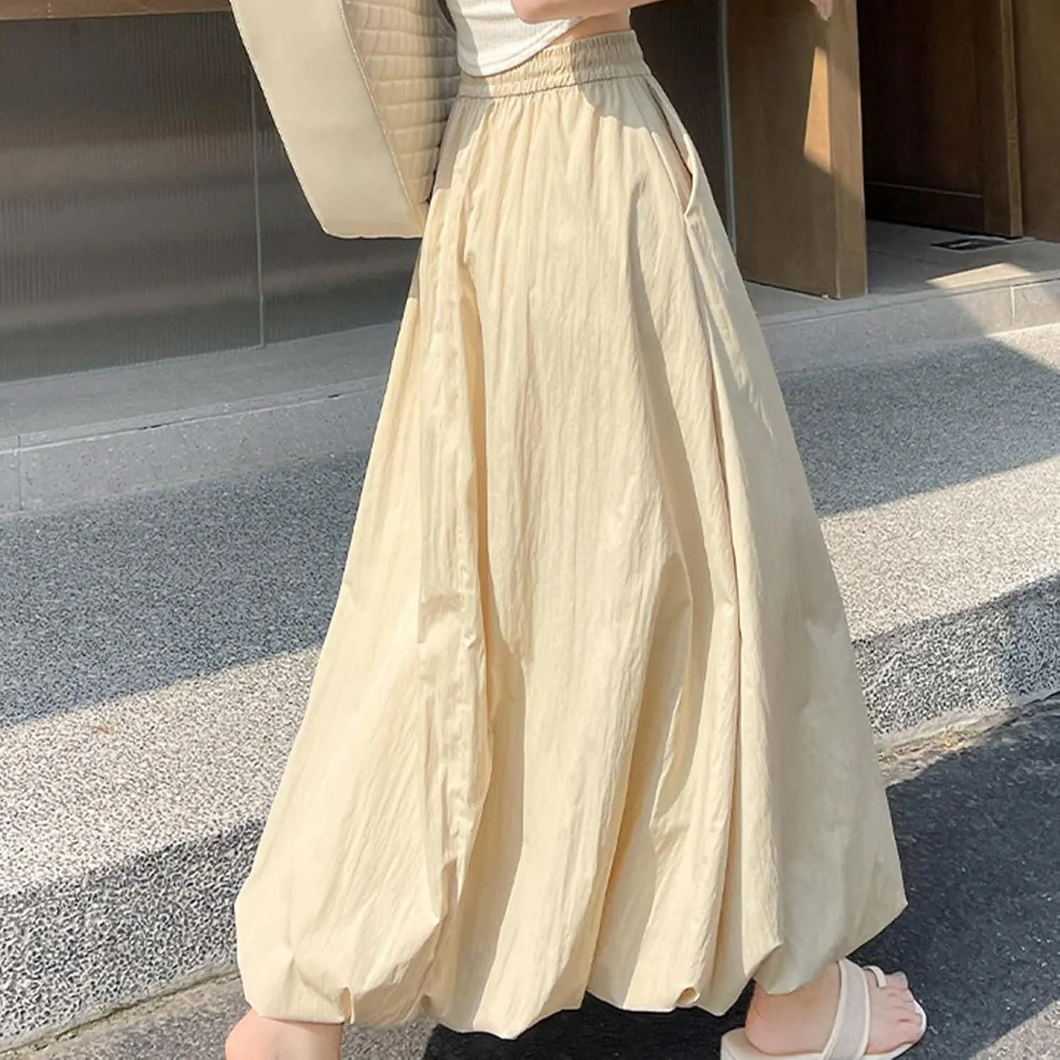 Summer Skirts for Women Summer A Line Flowy Ruffle Lantern Skirt Drawtring Waist Elastic Bubble Maxi Long Skirt 2025