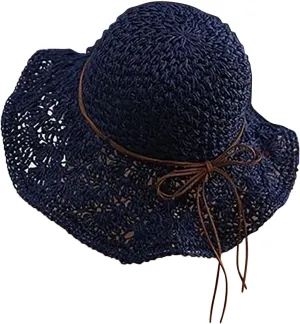 Sun Hats for Women Summer Wide Brim UPF 50  Panama Fedora Foldable Packable Beach Hat Summer Beach Hats (Navy, One Size)