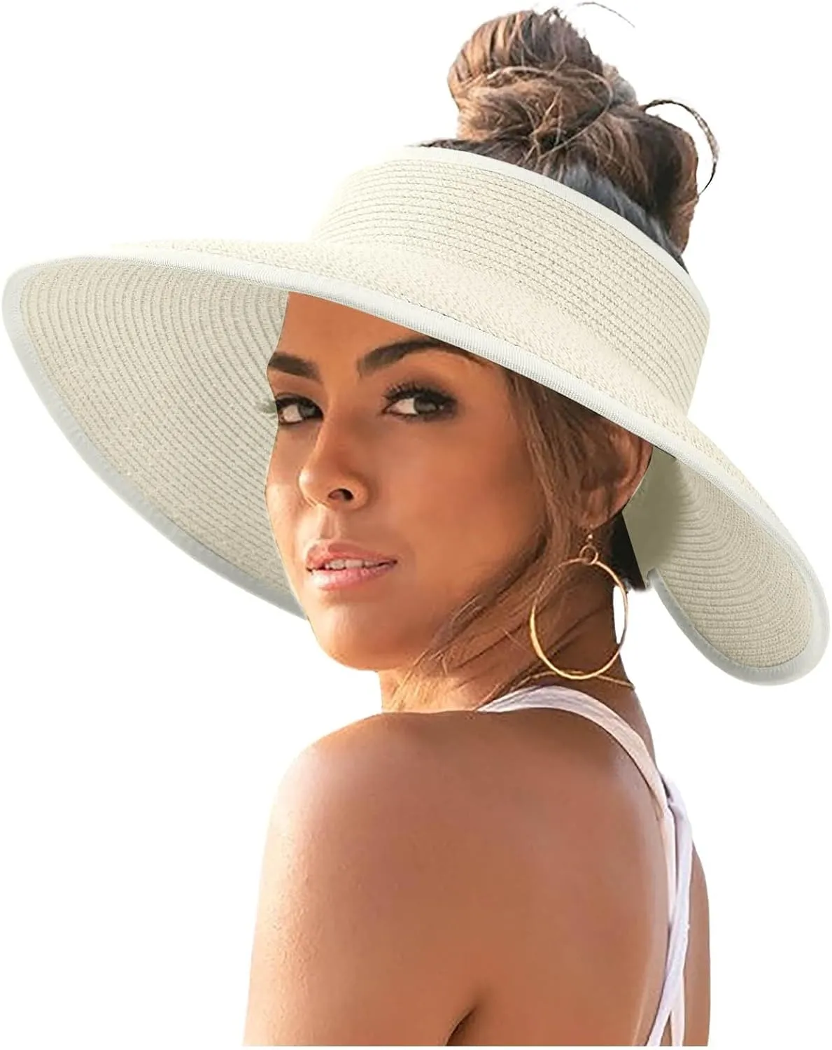 Sun Visor Hats for Women Wide Brim Straw Roll-Up Ponytail Summer Beach Hat UV UPF Packable Foldable Travel