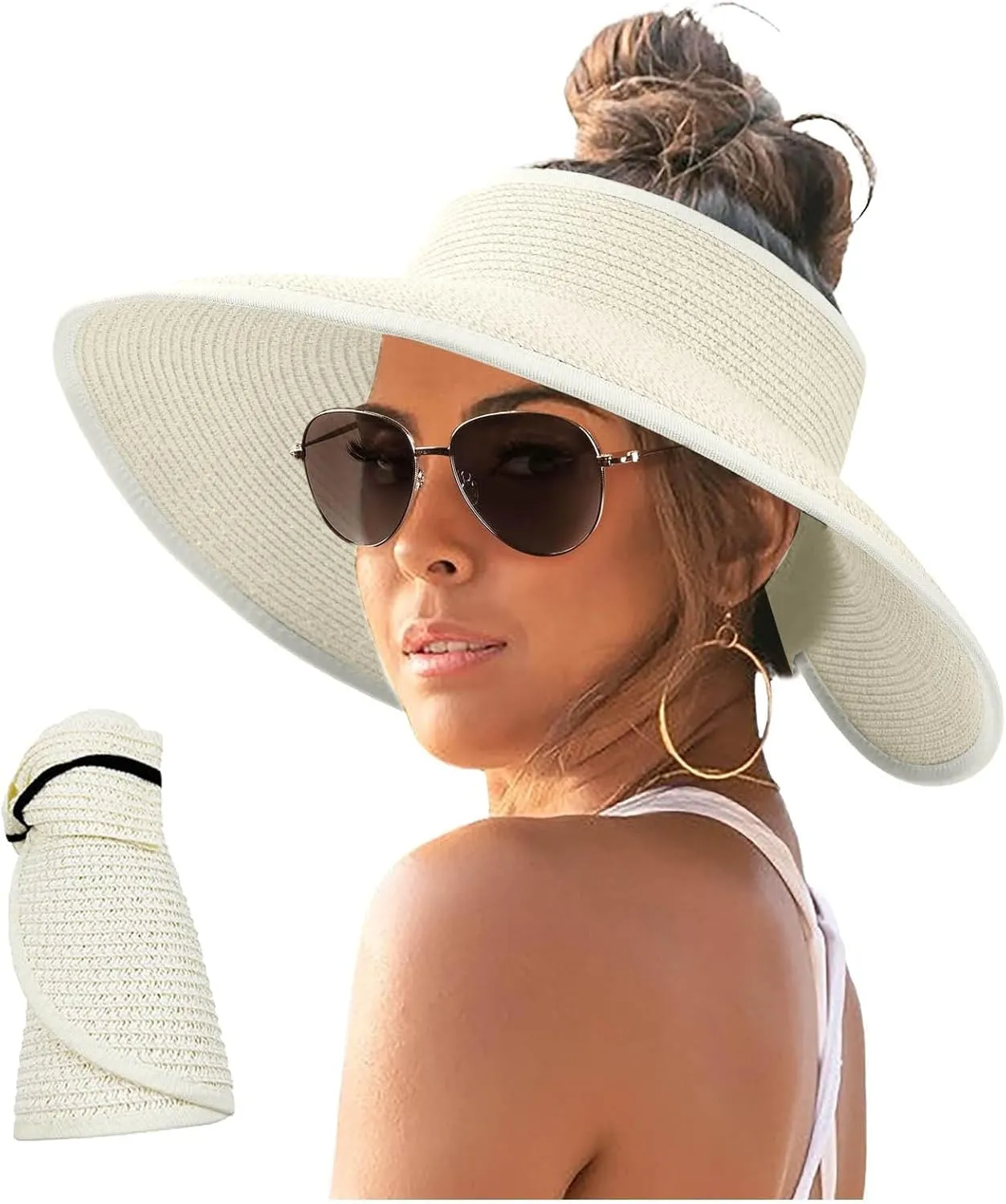 Sun Visor Hats for Women Wide Brim Straw Roll-Up Ponytail Summer Beach Hat UV UPF Packable Foldable Travel