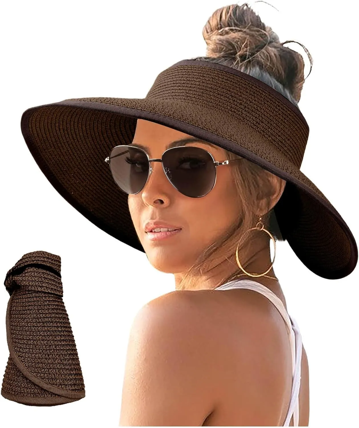 Sun Visor Hats for Women Wide Brim Straw Roll-Up Ponytail Summer Beach Hat UV UPF Packable Foldable Travel
