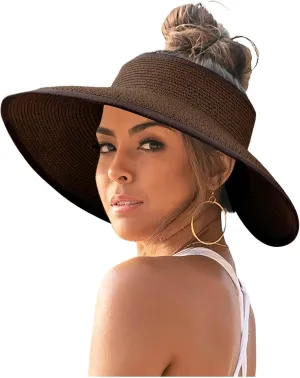 Sun Visor Hats for Women Wide Brim Straw Roll-Up Ponytail Summer Beach Hat UV UPF Packable Foldable Travel